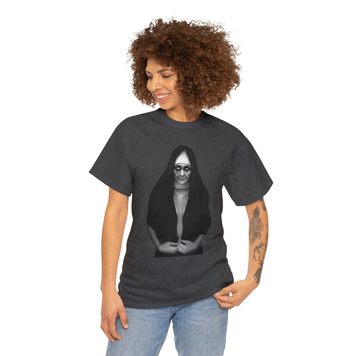 Halloween Scary Evil Nun- Unisex Heavy Cotton Tee