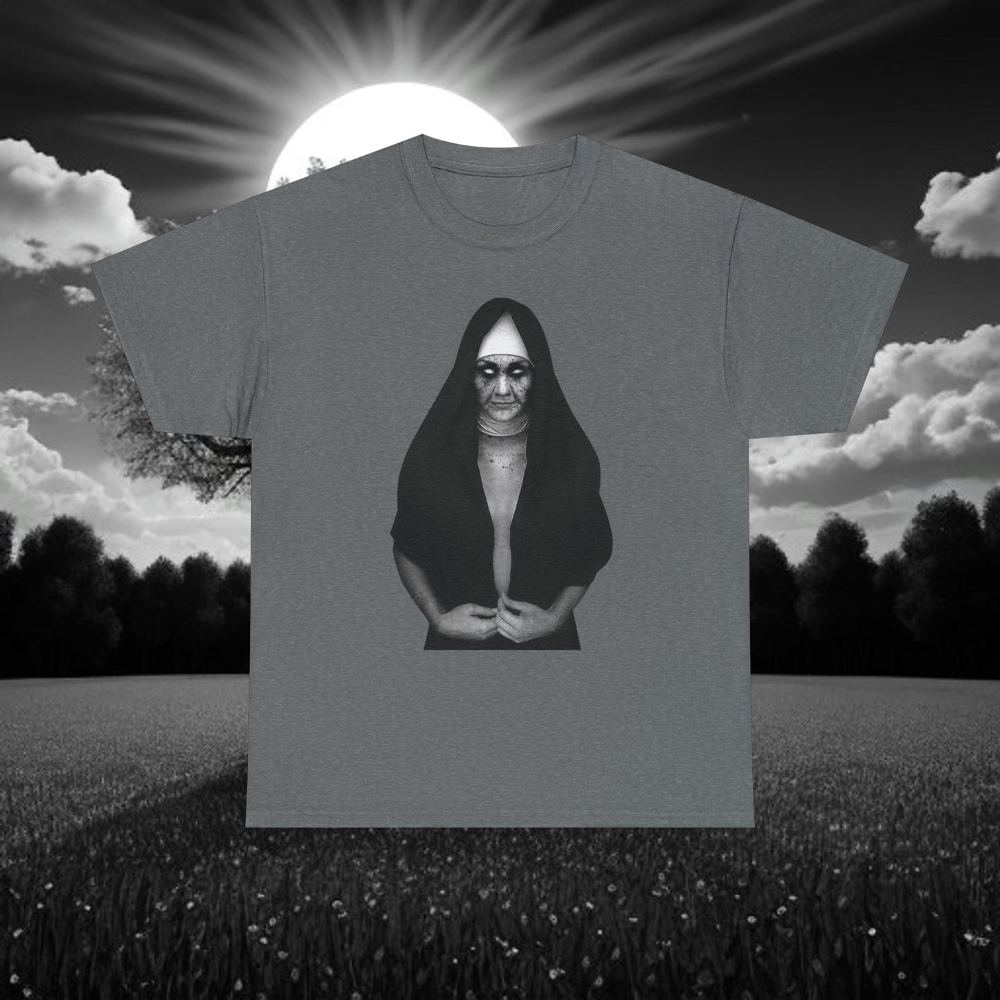 Halloween Scary Evil Nun- Unisex Heavy Cotton Tee