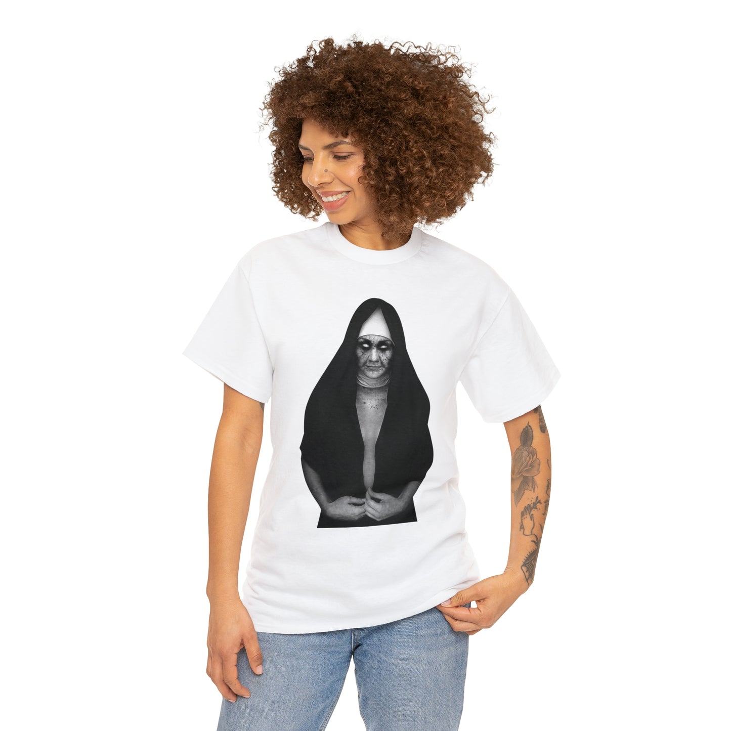 Halloween Scary Evil Nun- Unisex Heavy Cotton Tee