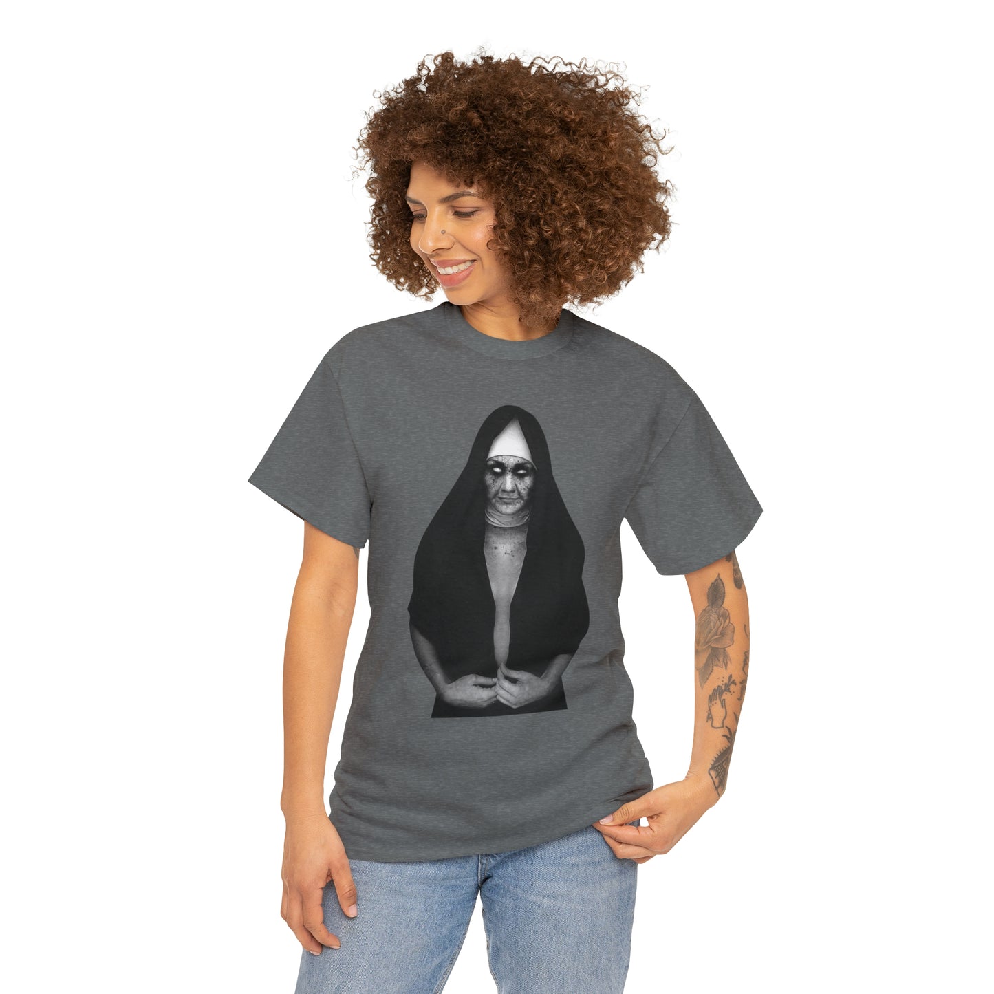 Halloween Scary Evil Nun- Unisex Heavy Cotton Tee